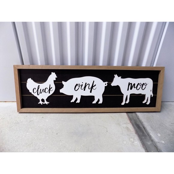NEW Hen Pig Cow Pig Chuck Oink Moo Country Wall Art Rustic Home Farmhouse Wood - Picture 1 of 6